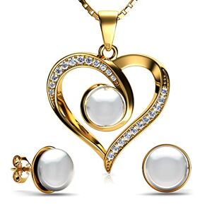 DEPHINI Parure de bijoux en or jaune 18 carats avec cœurs et zircons, collier de luxe et boucles d'oreilles en perles pour femme, Or jaune - Publicité