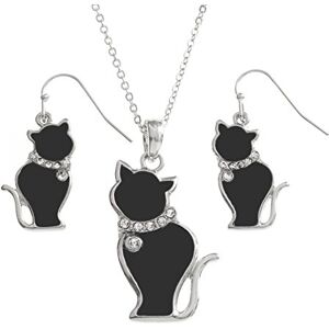 Kiara Jewellery Coffret parure « Chat » avec pendentif incrusté d’émail noir sur chaîne à petits maillons de 45,7 cm et boucles d’oreilles assorties hypoallergéniques plaquées rhodium - Publicité