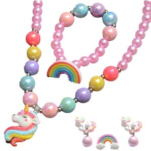 ZEACCT 5Pcs Princesse Ensemble de Bijoux, Coloré Licorne Bijoux Enfants, Ensemble de Bijoux Licorne Fille, Parure de Bijoux Licorne Colorée, Princesse Collier Bracelets Set, pour Fête Enfant(Un Paquet) - Publicité