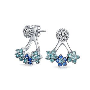 Bling Jewelry Aqua Bleu Cubic Zirconia Flower Fan Cz Ear Back Front Stud Jacket Earrings For Women For Teen .925 Argent Sterling - Publicité