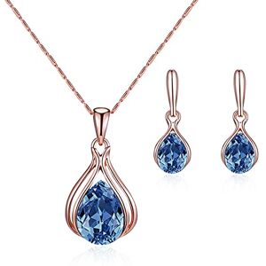 FFWTPY Parure de Bijoux pour Femme en Or Rose Mariage Ensembles de Cristal Collier et Boucles d'oreilles Parure de Strass Larme Pendentif Bijoux pour Mariage Mariée Demoiselle d'honneur (bleu foncé) - Publicité