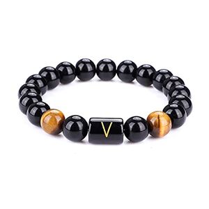 UEUC Bracelets en pierre d'oeil de tigre initiale pour hommes et femmes, perles de pierre de 10 mm, bracelet réglable extensible avec lettre d'onyx noir (V) - Publicité