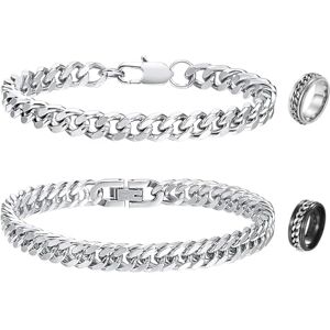 FCXQG 2 Pcs Ensemble Robuste de Bracelet Bracelet Gourmette Maillons Cubains Homme Gourmette Homme Chaîne Grosse Maille Bracelet Bracelet Cubain En Acier Inoxydable Bracelet Homme Argent Avec 2 Bague - Publicité