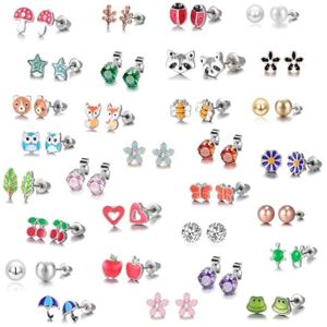 FANJABA Lot de 30 paires de boucles d'oreilles à tige en acier inoxydable avec motifs d'animaux en forme de cœur, d'étoile, de coccinelle pour grenouille, champignon, marguerite, parapluie, Broches en - Publicité