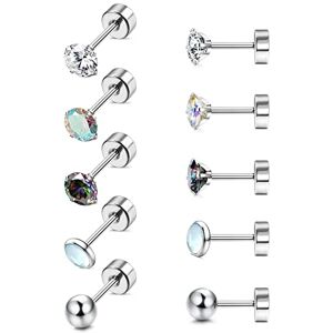 JeryWe 5 paires Boucles d'oreilles en titane G23 pour femmes hommes Hypoallergéniques Boucles d'Oreilles En Pierre De Lune Opale à vis 20G 2/4mm Ensemble de Clous d'oreilles Plat-A - Publicité