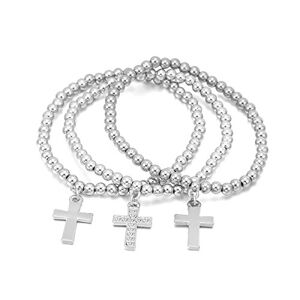Ouran Femmes Charms Bracelet, Stretch Bracelets pour les filles Perle Bracelet Lucky Croix Charm Bracelet Bracelet manchette réglable avec cristal (Plaqué argent) - Publicité