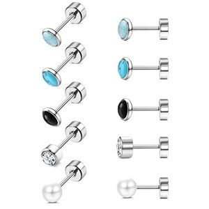 JeryWe 5 paires Boucles d'oreilles en titane G23 pour femmes hommes Hypoallergéniques Boucles d'Oreilles En Pierre De Lune Opale à vis 20G 2/4mm Ensemble de Clous d'oreilles Plat-B - Publicité