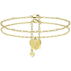 Lieson Bracelet Cheville en Argent 925/1000, Chaine de Cheville Femme Chaîne Double Couche avec Coeur Lettre P Or, Réglable Jusqu'à 26.5 cm Bijoux de Pieds Pour la Plage D'été - Publicité