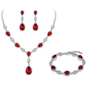 Clearine Parure Femme Chaîne Goutte d'eau Forme Y Bracelet Collier Boucles d'oreilles Ensemble Cristal Autrichien Strass Fond d'argent Rouge - Publicité