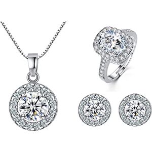 TTPSRY Parure de Bijoux pour Femme Boucles Bague d'Oreilles Collier de Zirconium Argent Elégant de Rond Pendentifs Mariage Accesoire - Publicité