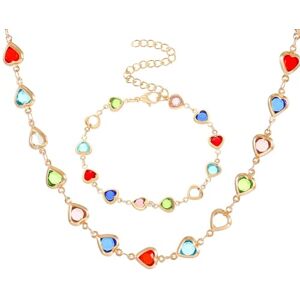 Surakey Collier et Bracelet en Zircon en Forme de Coeur Coloré Bohème cristal collier Bracelet Coeur réglable Collier Alliage Doré Dopamine Accessoires de Bijoux pour Femmes Filles Cadeaux (Set) - Publicité