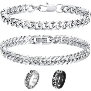 FCXQG 2 Pcs Ensemble Robuste de Bracelet Bracelet Gourmette Maillons Cubains Homme Gourmette Homme Chaîne Grosse Maille Bracelet Bracelet Cubain En Acier Inoxydable Bracelet Homme Argent Avec 2 Bague - Publicité