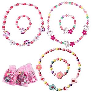 Zkaoai Lot de 6 bijoux en bois pour enfant Collier et bracelet en perles de licorne Perles colorées en bois Pour anniversaire Cadeau d'anniversaire Princesse, Bois - Publicité