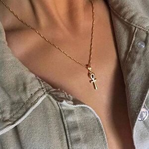 TseenYi Ankh Collier avec pendentif en forme de clé poinçonné en or Collier ras du cou Chaîne de protection pour femmes et filles (doré) - Publicité