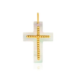 Pendentif croix or 375 jaune et nacre blanche- MATY
