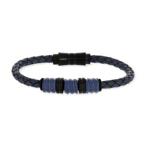 MATY OUTLET -Bracelet acier et cuir tressÃ© bleu 21 cm