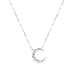 Collier or 375 blanc diamants, motif lune 45 cm- MATY