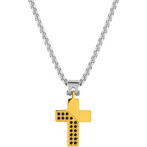 Collier acier bicolore jaune zirconia noir croix 55cm- MATY