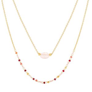 Collier double rang plaquÃ© or jaune quartz rose perles rocaille 40 cm- MATY - Publicité