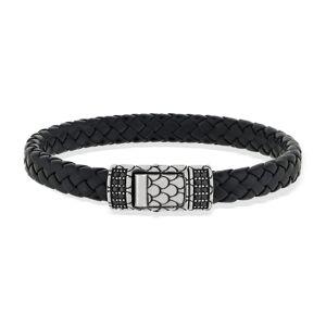 Bracelet cuir noir tressÃ© spinelles noires 19cm- MATY