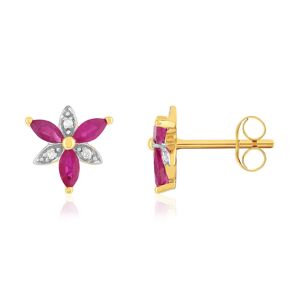 Boucles d'oreilles or 375 2tons fleur rubis et diamants- MATY