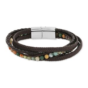 Bracelet multirang acier cordon tressÃ© synthÃ©tique brun et pierres 22 cm- MATY