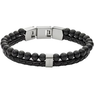 Bracelet FOSSIL acier inoxydable cuir et agates noires 19,5 cm- MATY