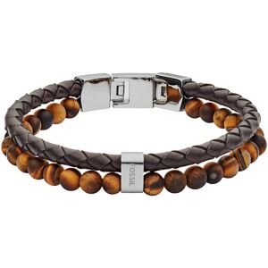 Bracelet FOSSIL acier cuir marron multi-rangs oeil de tigres 19,5 cm- MATY