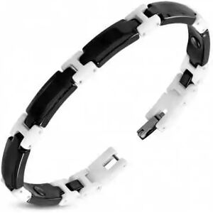 HommeBijoux Bracelet Mixte Femme Homme Céramique Noire Et Jointure Segment H Blanc M - Longueur Bracelet 20cm → Tour De Poignet 18cm (taille Plus Populaire)