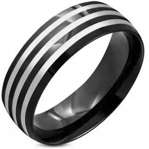 HommeBijoux Bague Anneau Pour Homme Acier Noire Trois Lignes Bandes Grises Fr 59-60 (us 9)