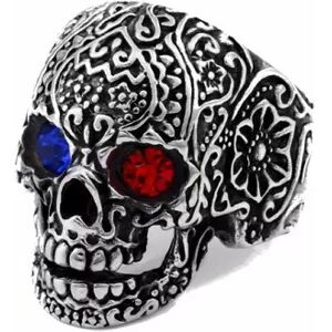 HommeBijoux Bague Homme Acier Tête De Mort Yeux Diamant Rouge Et Bleu France Biker Fr 57-58 (us 8)