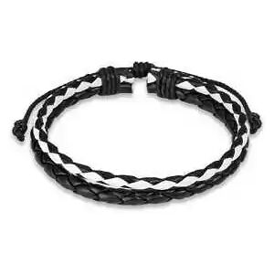 HommeBijoux Bracelet Homme Ado Cuir Double Tresses Réglable Couleur Noir Et Blanc