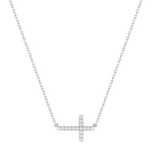 Orfeva Collier Croix couchee Oxydes de Zirconium Or Blanc 9K