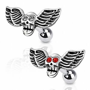 Piercing Street Piercing oreille Helix Tragus Tete de mort Ailes - Argente