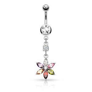 Piercing Street Piercing nombril pendentif fleur 6 pierres petales - Argente