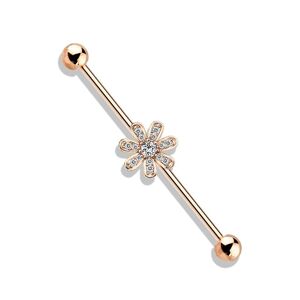 Piercing Street Piercing industriel oreille plaque or rose fleur 7 petales pavee de strass - Or Rose