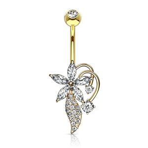 Piercing Street Piercing nombril bouquet fleurs zirconium plaque or - Dore