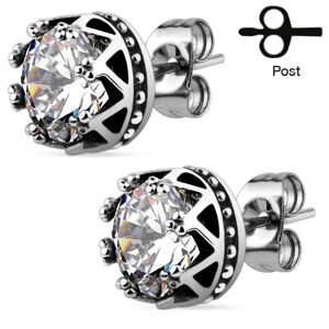 Piercing Street Paire Boucles d'oreille clous couronne strass blanc - Argente