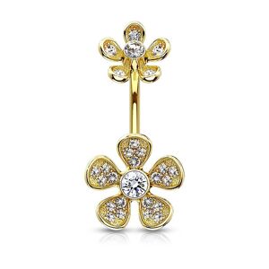 Piercing Street Piercing nombril plaque or double fleur micro pavees strass - Dore