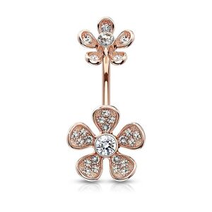 Piercing Street Piercing nombril plaque or rose double fleur micro pavees strass - Or Rose