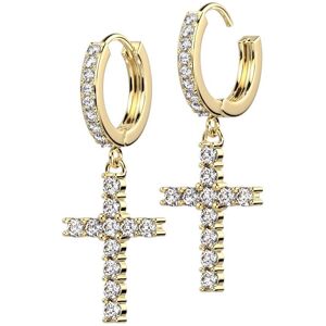 Piercing Street Paire boucles d'oreille anneaux plaque or croix strass - Dore