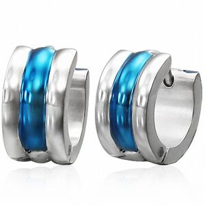 Piercing Street Paire boucles d'oreilles homme anneaux centre bleu - Argente