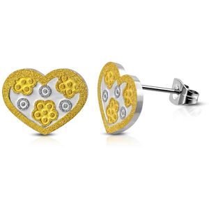 Piercing Street Paire Boucles d'oreille acier inoxydable coeur bicolore motif floral - Argente