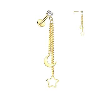 Piercing Street Piercing oreille labret dore double chaines etoile lune - Dore