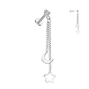 Piercing Street Piercing oreille labret double chaines etoile lune - Argente