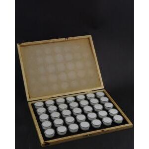 Ricestone 5a) Coffret de gemmologie bois avec 35x boites rondes pour gemmes.