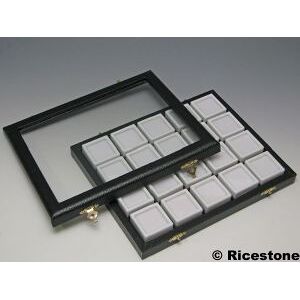 Ricestone 2) Coffret vitre escamotable 20x boîtes 3x3 cm pour gemme.