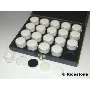 Ricestone 3) Coffret pierres taillees, 20 boites rondes plastique a vis.