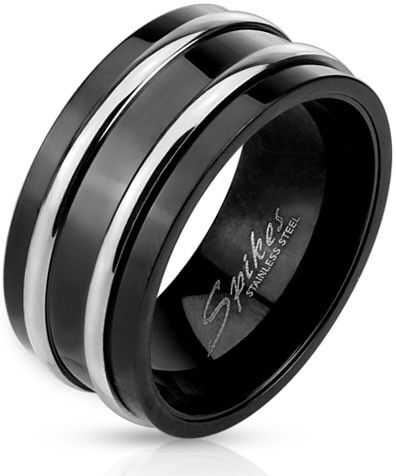 HommeBijoux Bague anneau homme titane plaqué noir 2 lignes argent rotative Taille de bague ∅ - FR 64-65 (US 11)