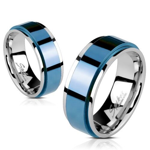 HommeBijoux Bague anneau homme femme acier bleu bords couleur argent rotative spin Taille de bague ∅ - FR 57-58 (US 8)